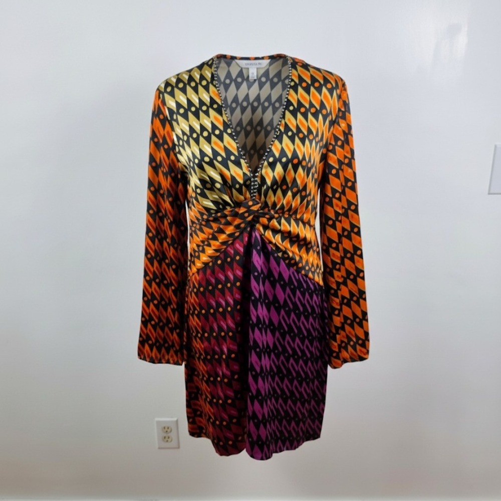 Zara Mini Dress Women XL Multi Color Geometric Beaded V-Neck Knot Front Retro